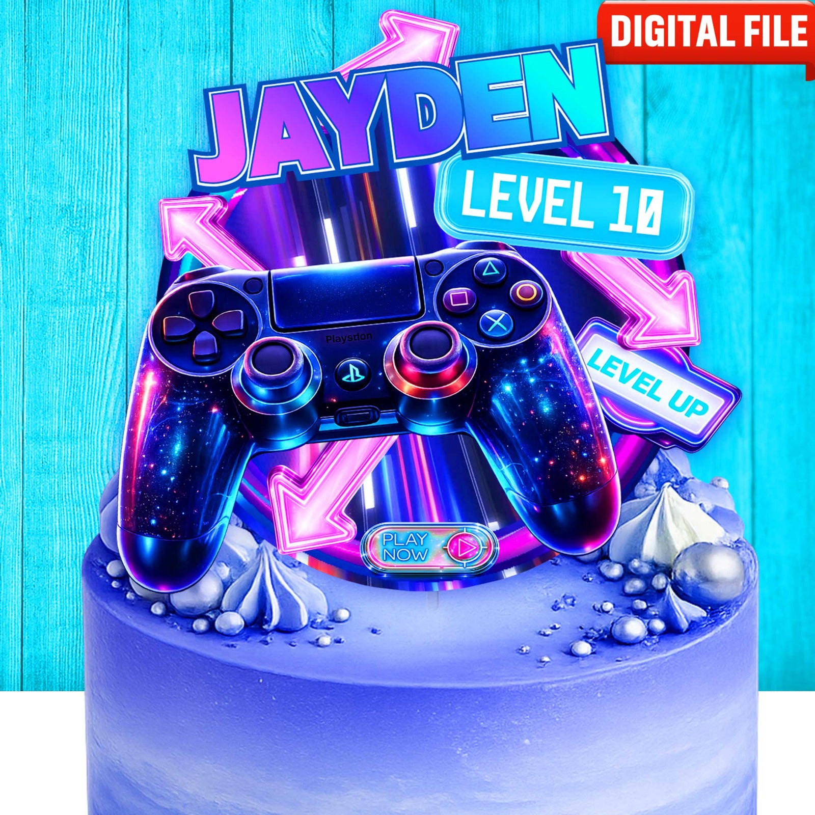 Printable gaming birthday cake topper digital file, level up controller design with custom name and age