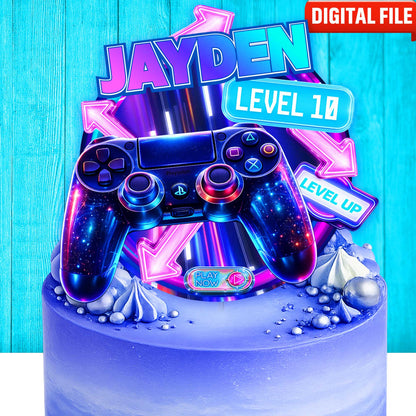 Printable gaming birthday cake topper digital file, level up controller design with custom name and age