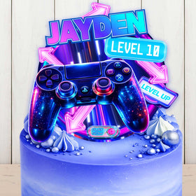 Gaming cake topper mockup on blue birthday cake, level up design with neon game controller
