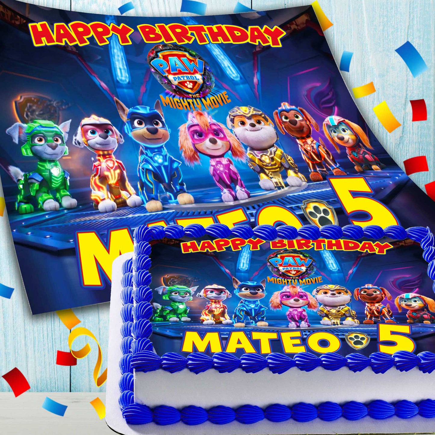Personalized Paw Patrol: The Mighty Movie Cake Decoration - Edible Birthday Topper - Rectangular Design - Wafer Paper, Sugar Sheet, Chocotransfer