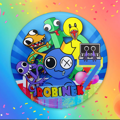 Personalized Rainbow Friends Birthday Button Pin Badge | Custom 58mm or 75mm Magnet or Pin | Standard or Glitter Lamination