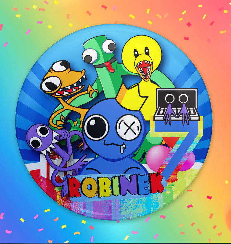 Personalized Rainbow Friends Birthday Button Pin Badge | Custom 58mm or 75mm Magnet or Pin | Standard or Glitter Lamination
