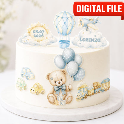 Teddy bear travel edible topper set design preview with vehicle and birthday accents
