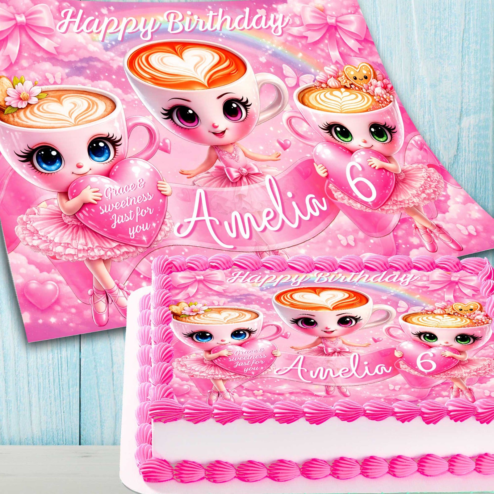 Personalized ballerina coffee birthday cake topper shown on cake and printed sheet, pink ballet party decoration