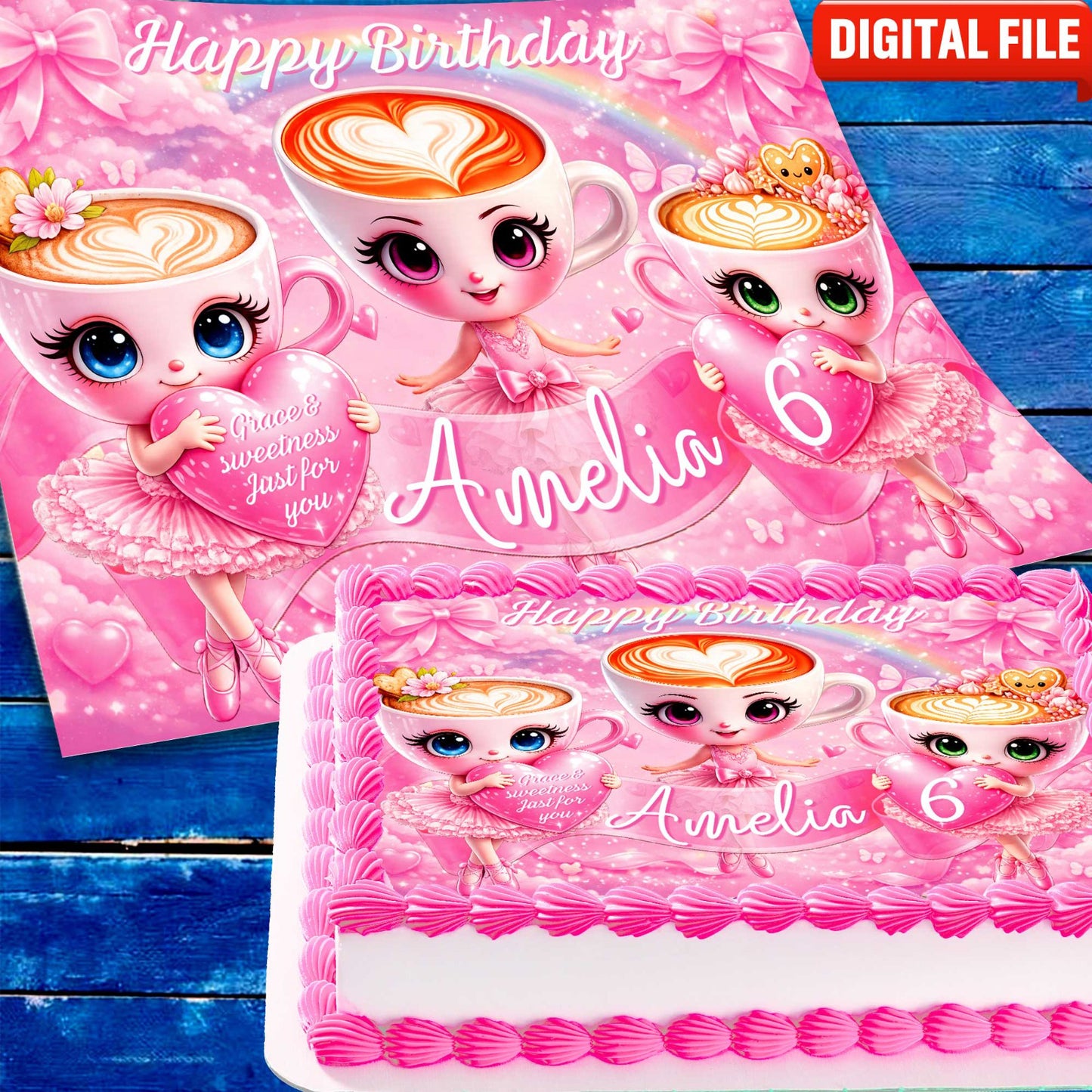 Editable ballerina coffee cake topper digital file with latte cup characters, printable birthday design for kids party