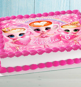 Pink ballerina coffee cake topper on birthday cake with personalized name and age, cute ballet themed edible decoration