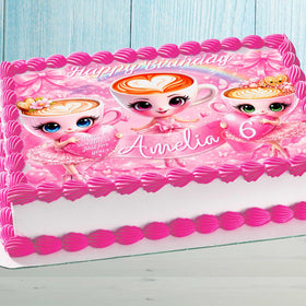 Pink ballerina coffee cake topper on birthday cake with personalized name and age, cute ballet themed edible decoration