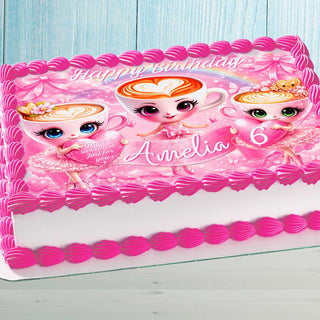 Pink ballerina coffee cake topper on birthday cake with personalized name and age, cute ballet themed edible decoration