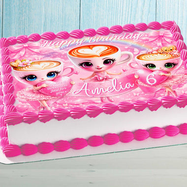 Pink ballerina coffee cake topper on birthday cake with personalized name and age, cute ballet themed edible decoration