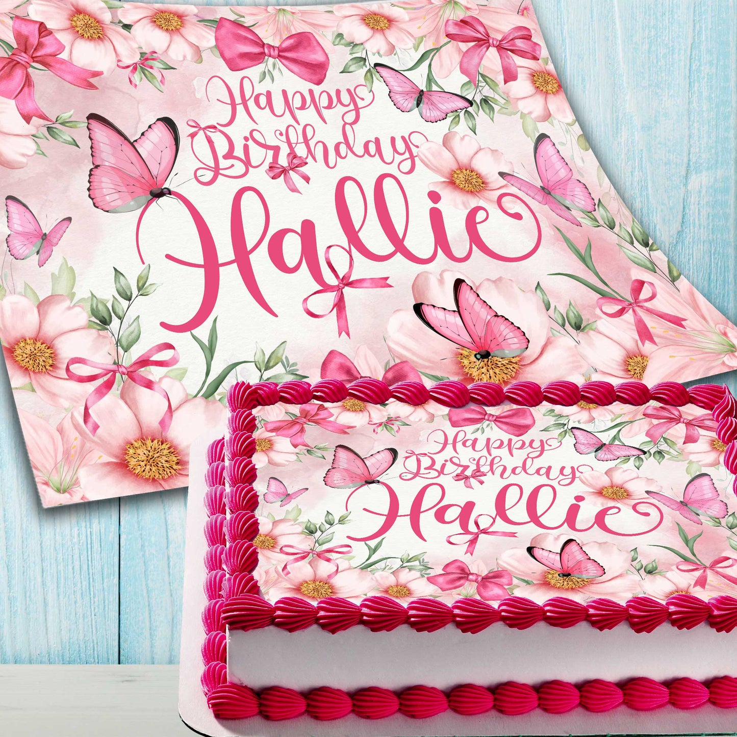 Pink Butterflies & Flowers Cake Topper – Edible Image Birthday Decoration – Rectangular Design with Name Personalization