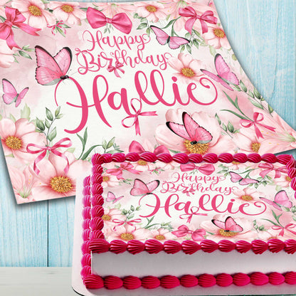 Pink Butterflies & Flowers Cake Topper – Edible Image Birthday Decoration – Rectangular Design with Name Personalization