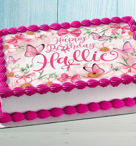 Pink Butterflies & Flowers Cake Topper – Edible Image Birthday Decoration – Rectangular Design with Name Personalization