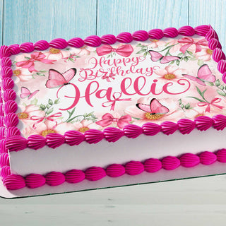 Pink Butterflies & Flowers Cake Topper – Edible Image Birthday Decoration – Rectangular Design with Name Personalization