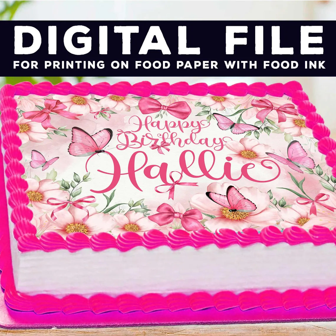 Pink Butterflies & Flowers Cake Topper – Edible Image Birthday Decoration – Rectangular Design with Name Personalization