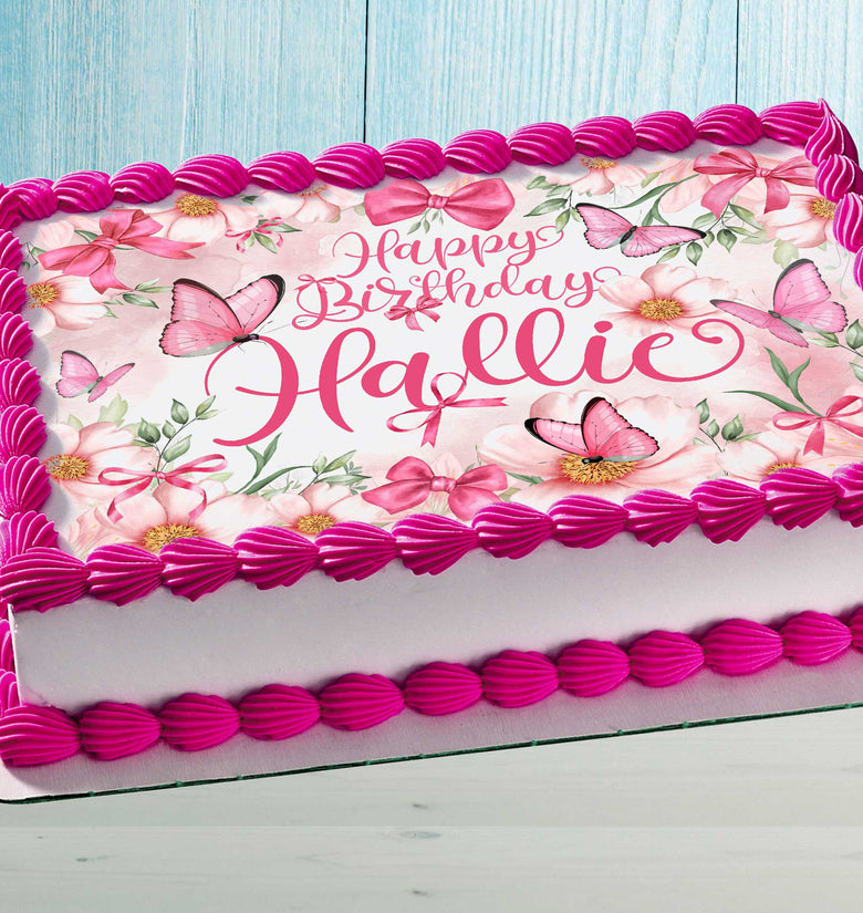Pink Butterflies & Flowers Cake Topper – Edible Image Birthday Decoration – Rectangular Design with Name Personalization
