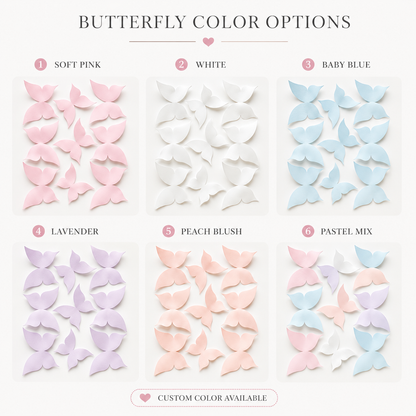 Butterfly color options chart showing Soft Pink, White, Baby Blue, Lavender, Peach Blush, Pastel Mix and Custom Color available