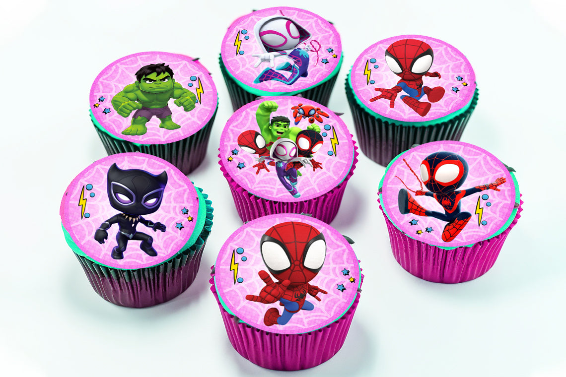 Pink Spidey Edible Cupcake Toppers – 24 Precut on Wafer Paper, Sugar Sheet or Uncut Chocotransfer