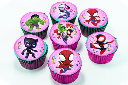 Pink Spidey Edible Cupcake Toppers – 24 Precut on Wafer Paper, Sugar Sheet or Uncut Chocotransfer