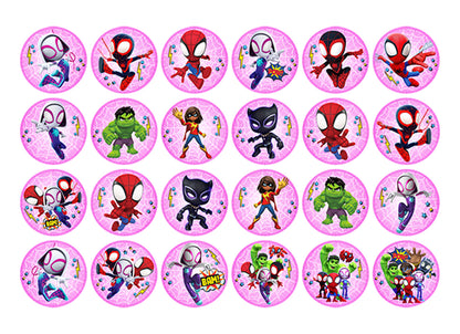 Pink Spidey Edible Cupcake Toppers – 24 Precut on Wafer Paper, Sugar Sheet or Uncut Chocotransfer