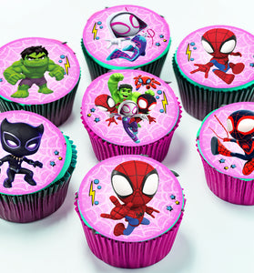 Pink Spidey Edible Cupcake Toppers – 24 Precut on Wafer Paper, Sugar Sheet or Uncut Chocotransfer