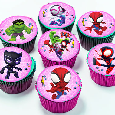 Pink Spidey Edible Cupcake Toppers – 24 Precut on Wafer Paper, Sugar Sheet or Uncut Chocotransfer