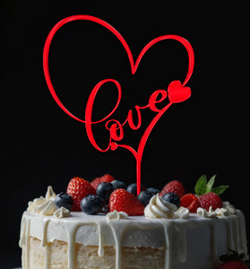 Red Acrylic Heart Cake Topper | Love Silhouette with Heart Decor | Elegant Wedding or Anniversary Cake Decoration | Customizable Design