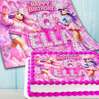 Roblox girl edible cake topper sheet – personalized pink gaming birthday cake image with name and age