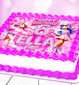 Roblox girl birthday cake topper – pink gaming edible cake image with name and age on birthday cake