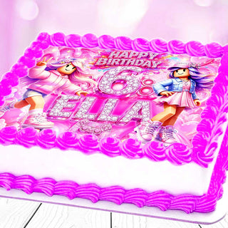 Roblox girl birthday cake topper – pink gaming edible cake image with name and age on birthday cake