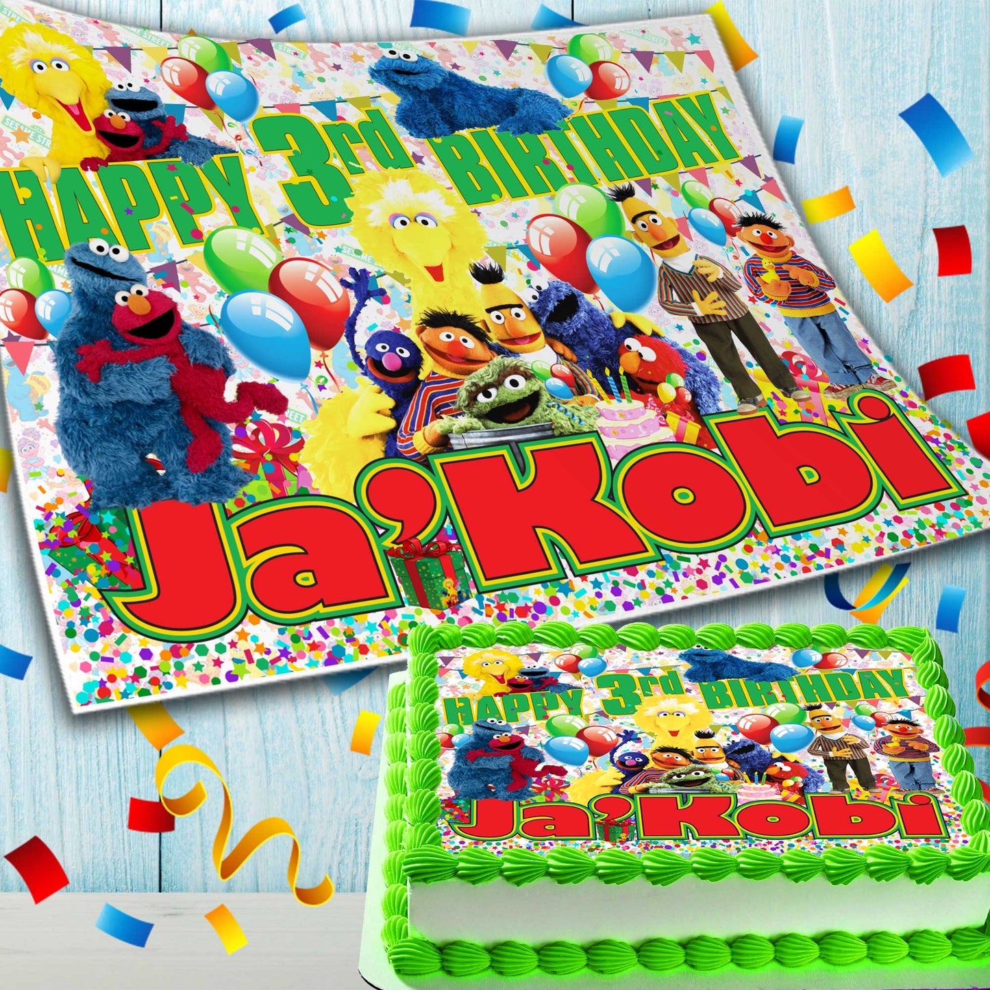 Sesame Street Birthday Themed Edible Cake Topper - Rectangular Design - Wafer Paper, Sugar Sheet, Chocotransfer