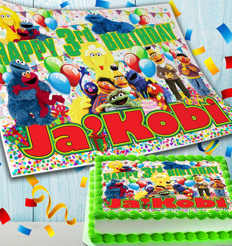 Sesame Street Birthday Themed Edible Cake Topper - Rectangular Design - Wafer Paper, Sugar Sheet, Chocotransfer