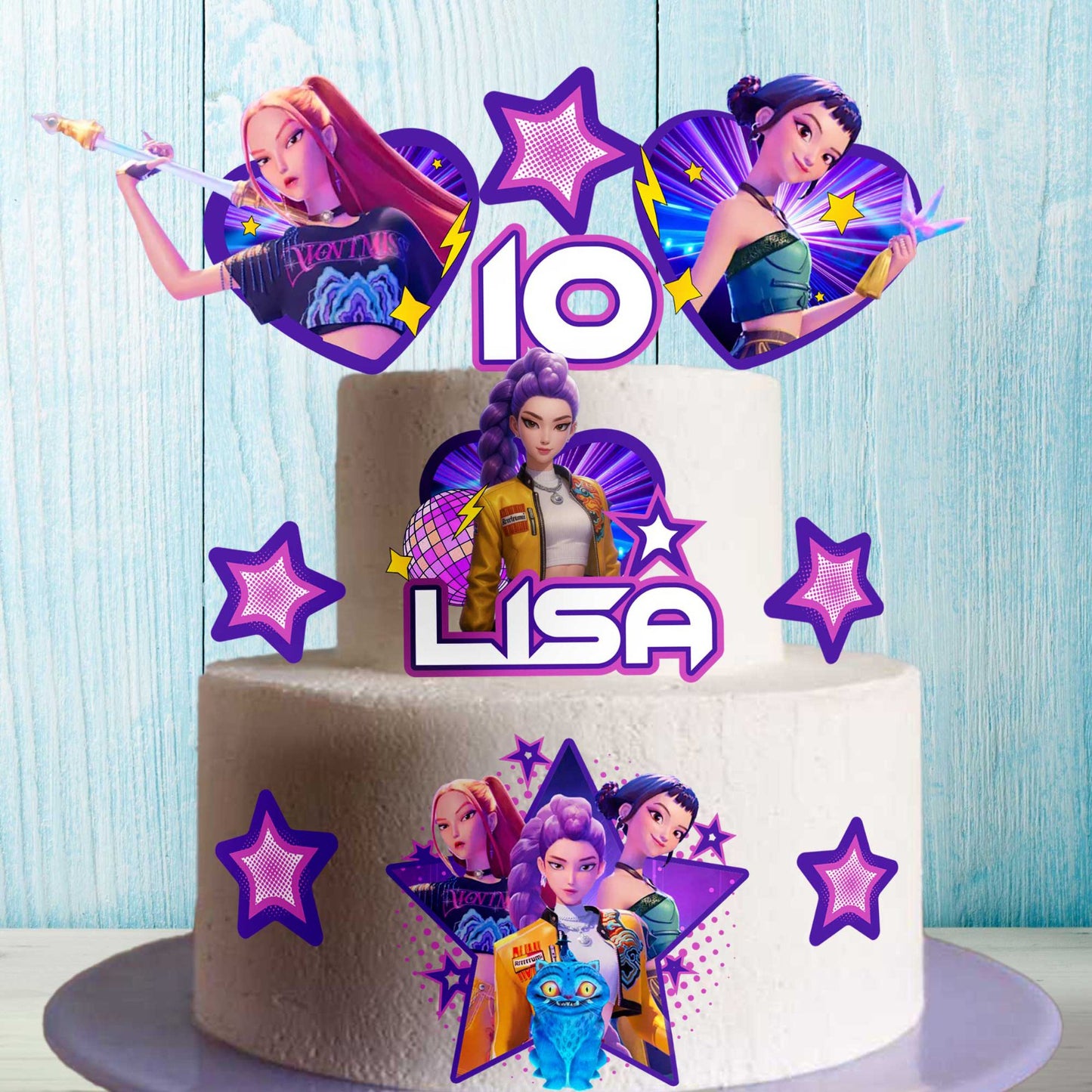 Anime-style K-Pop themed edible topper sheet with 11 purple and neon character designs