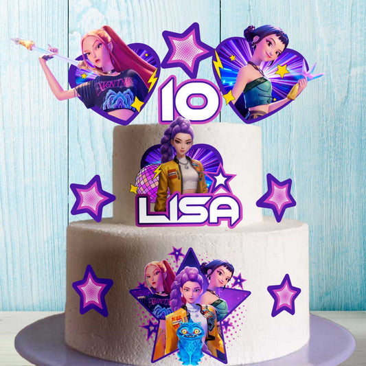 Anime-style K-Pop themed edible topper sheet with 11 purple and neon character designs