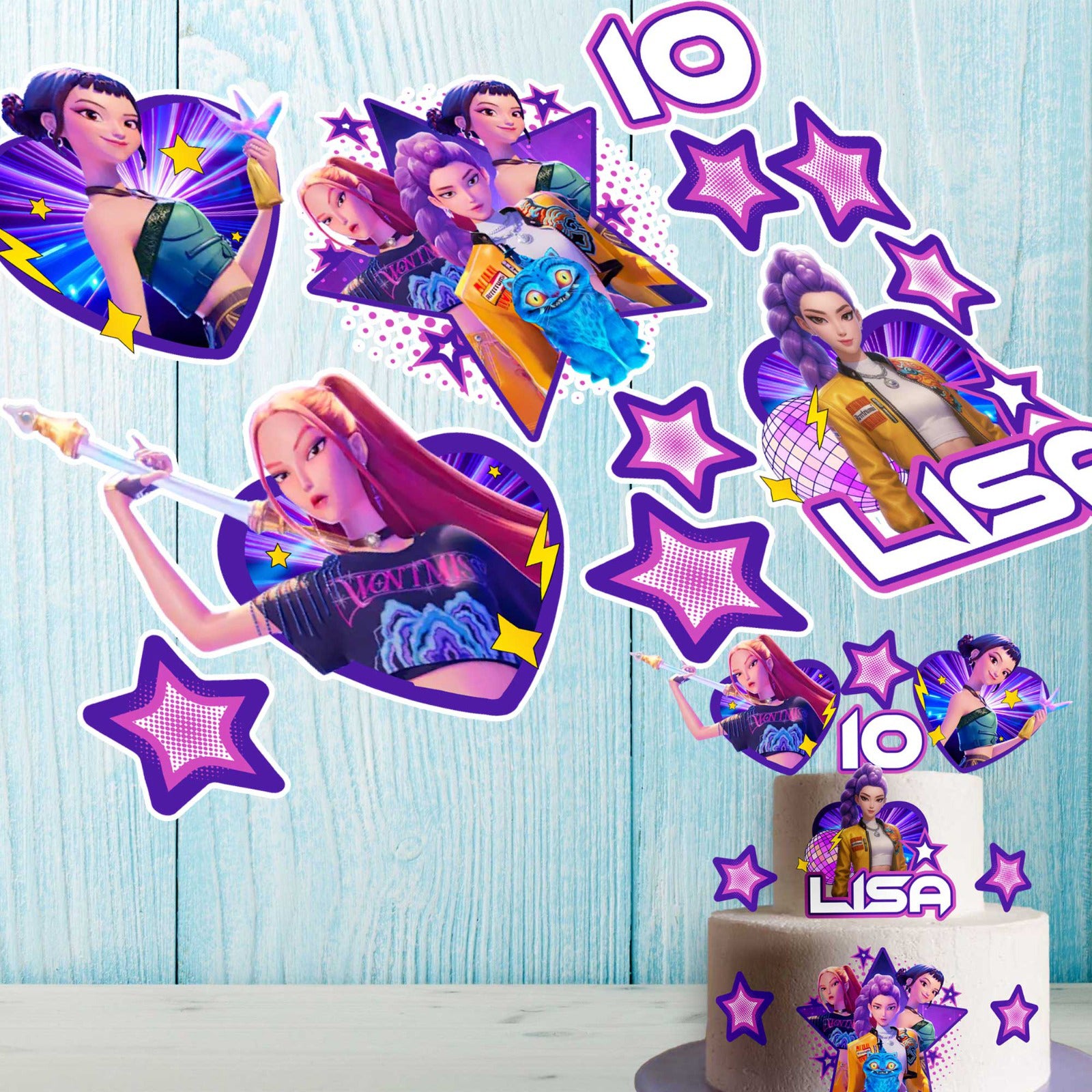 K-Pop anime inspired edible cake toppers arranged on a birthday cake with purple theme