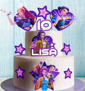 Anime-style K-Pop themed edible topper sheet with 11 purple and neon character designs