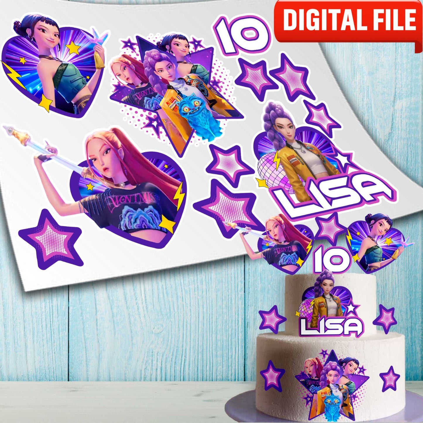 Set of 11 colorful anime-style edible cake toppers with stars hearts and characters