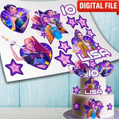 Set of 11 colorful anime-style edible cake toppers with stars hearts and characters