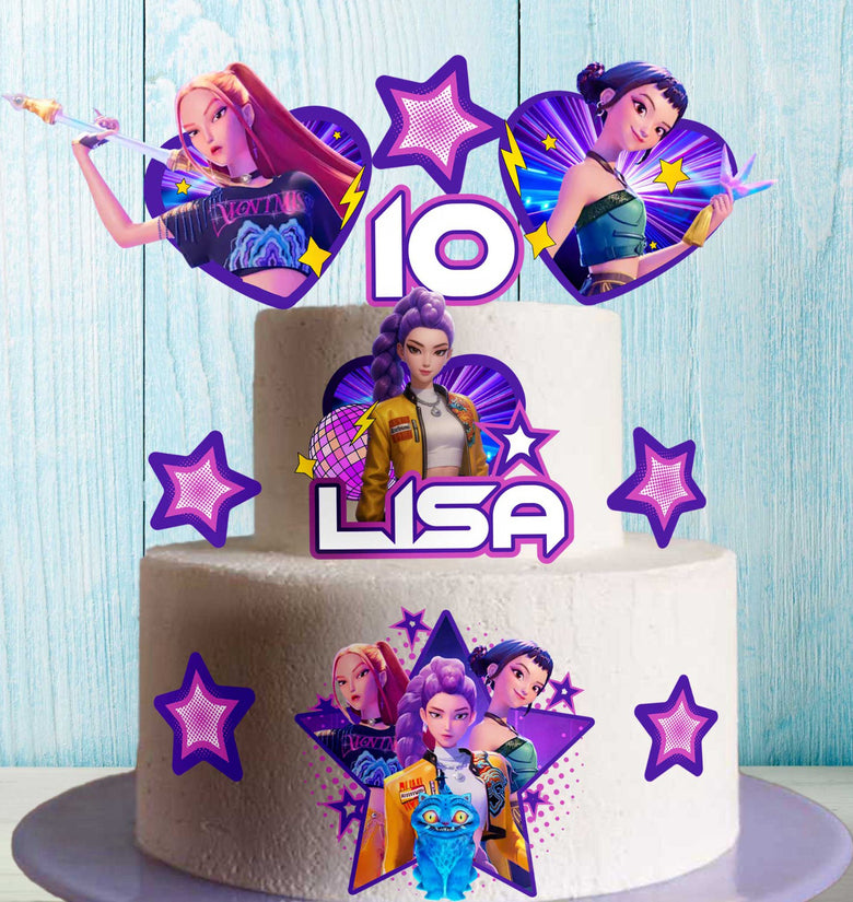 Anime-style K-Pop themed edible topper sheet with 11 purple and neon character designs