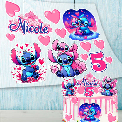 Stitch inspired edible cake toppers set with hearts, number 5 and name Nicole, individual edible images