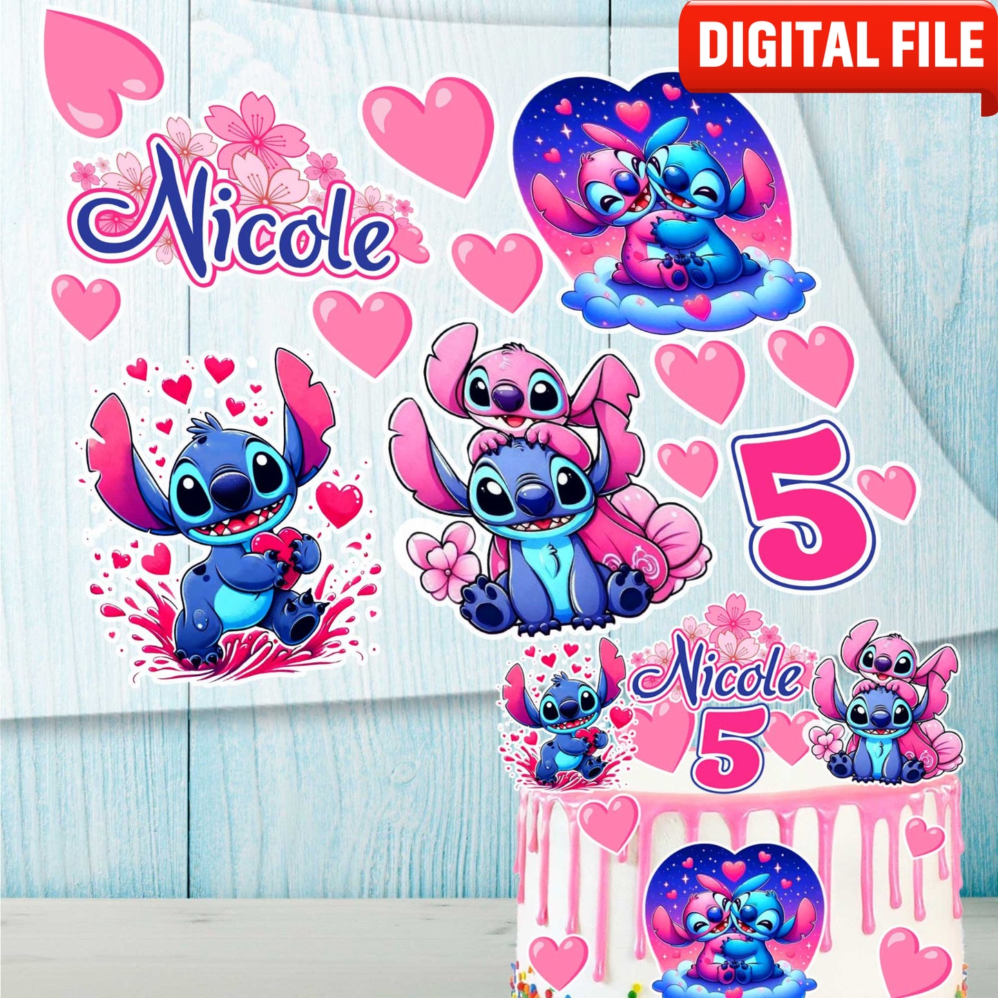 Set of 14 Stitch Cake Toppers – Edible Precut Images with Name & Age for Birthday Cake