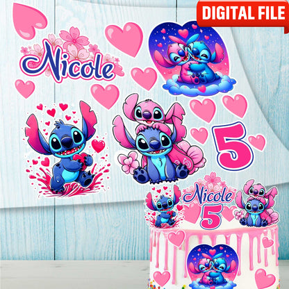 Set of 14 Stitch Cake Toppers – Edible Precut Images with Name & Age for Birthday Cake
