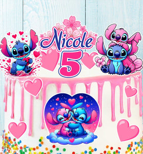 Set of 14 Stitch cake toppers with name and age on pink drip birthday cake, edible precut images for kids party