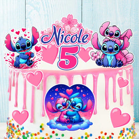 Set of 14 Stitch cake toppers with name and age on pink drip birthday cake, edible precut images for kids party
