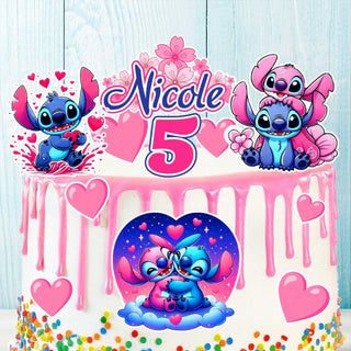 Set of 14 Stitch cake toppers with name and age on pink drip birthday cake, edible precut images for kids party