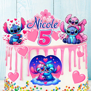 Set of 14 Stitch cake toppers with name and age on pink drip birthday cake, edible precut images for kids party