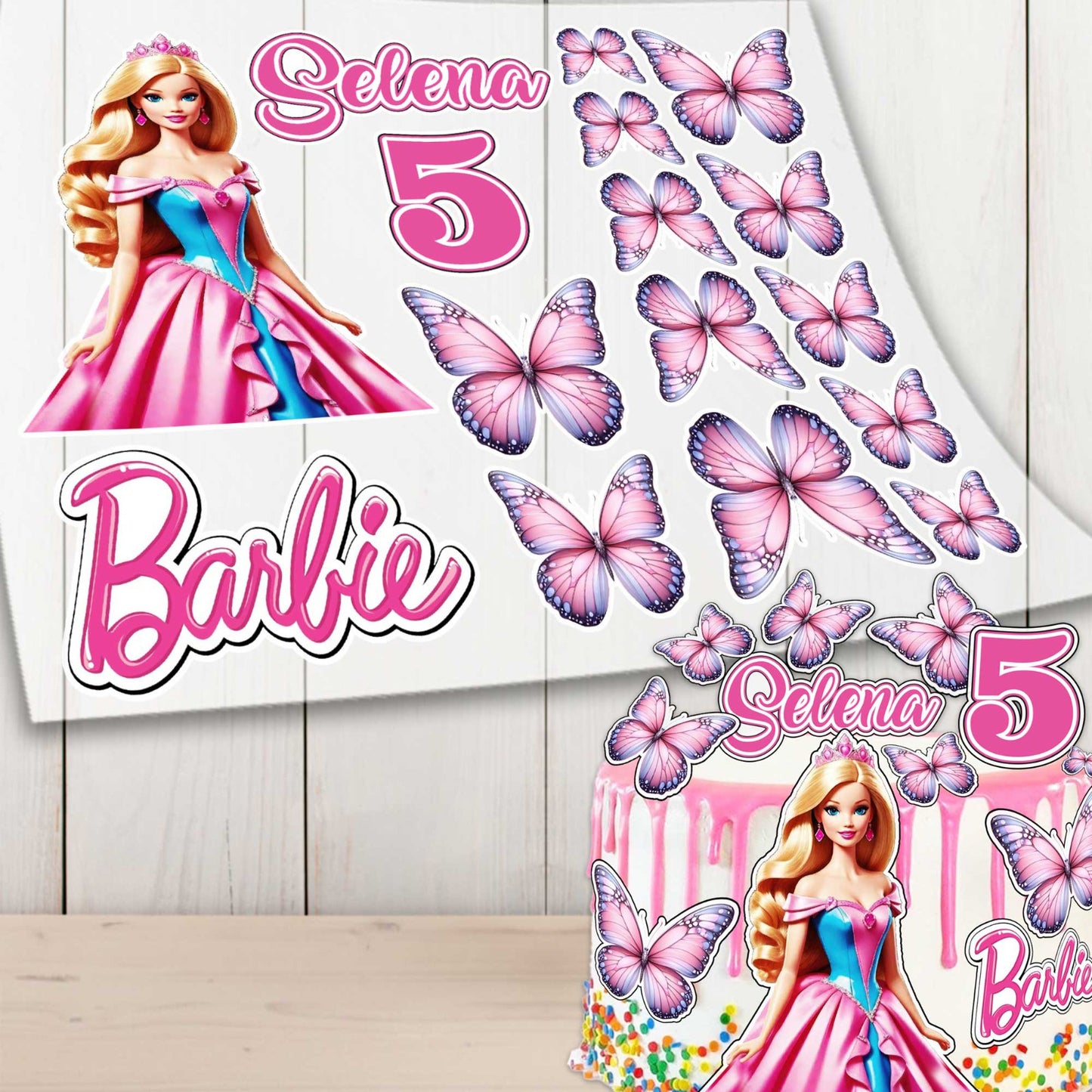 Set of 16 Barbie Cake Toppers – Edible Precut Images with Name & Age for Birthday Cake
