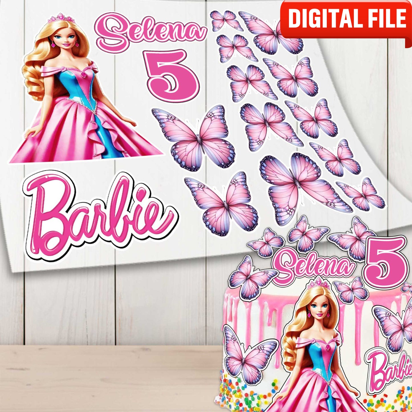 Set of 16 Barbie Cake Toppers – Edible Precut Images with Name & Age for Birthday Cake