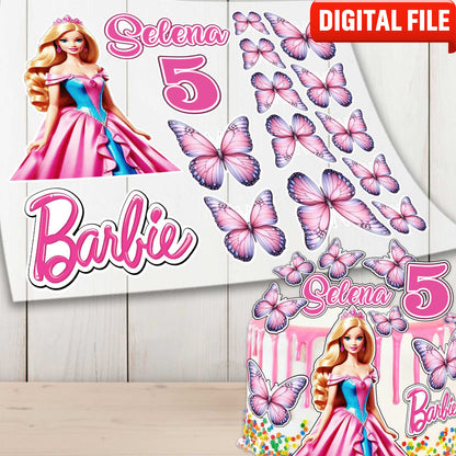 Set of 16 Barbie Cake Toppers – Edible Precut Images with Name & Age for Birthday Cake