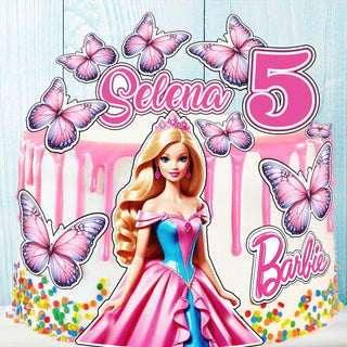 Set of 16 Barbie Cake Toppers – Edible Precut Images with Name & Age for Birthday Cake