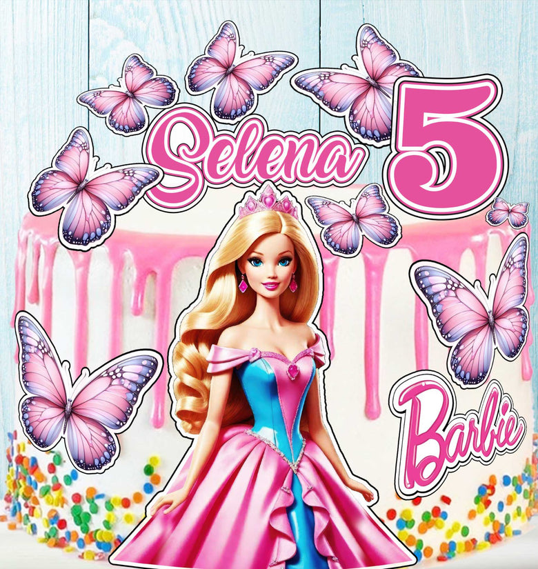 Set of 16 Barbie Cake Toppers – Edible Precut Images with Name & Age for Birthday Cake